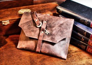 Burgundy Leather Mini Clutch Distressed